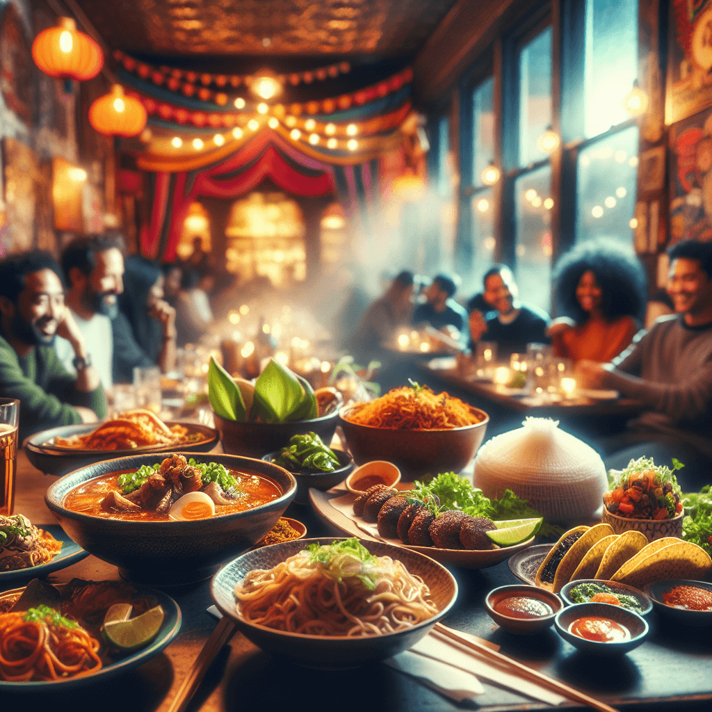a group of people sitting at a table with food in a new york restaurant